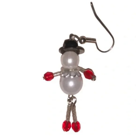 Beaded Faux Pearl Snowman with Top Hat Dangle Earrings - Picture 3 of 3